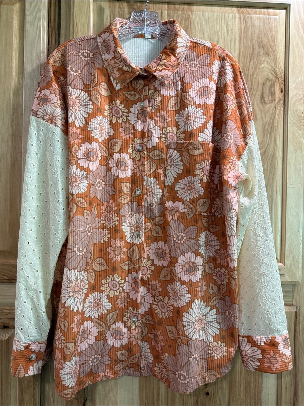 Grace + Emma Floral Retro Boho Ribbed Eyelet Button-Up Shirt in Rust Cream Sz XL